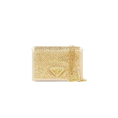 PRADA SATIN CRYSTAL METAL TRIANGLE LOGO CARD HOLDER WITH STRAP CRISTAL 1MR024  (11.5*8cm) 